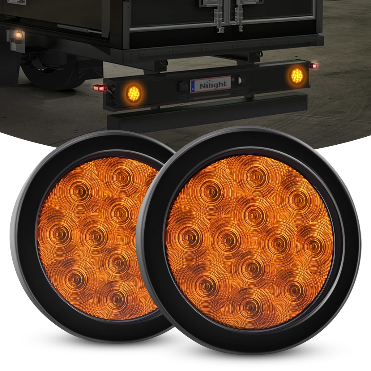 tek  UNO1RC Nilight 2 Piece 4 in. 12 LED Round Amber Turn Signal Tail Light with Surface Mount Grommet Plugs IP67 Trailer Lights for RV Truck Trailers