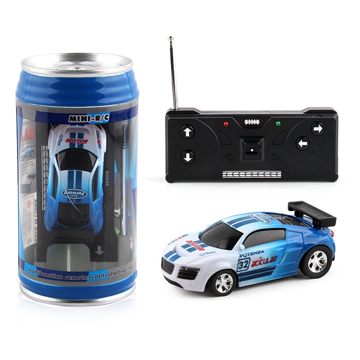 tek NT81162 UNO1RC Remote Control Mini Car with Roadblocks - Coke Cans Design RC Racing Toy for Kids, Creative Simulation Drift Car - Blue
