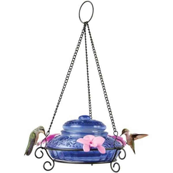 tek NT81802 UNO1RC Natures Way Bird Products ANTHF2-I Illuminated Antique Top-Fill Hummingbird Feeder, Light Blue & Pink
