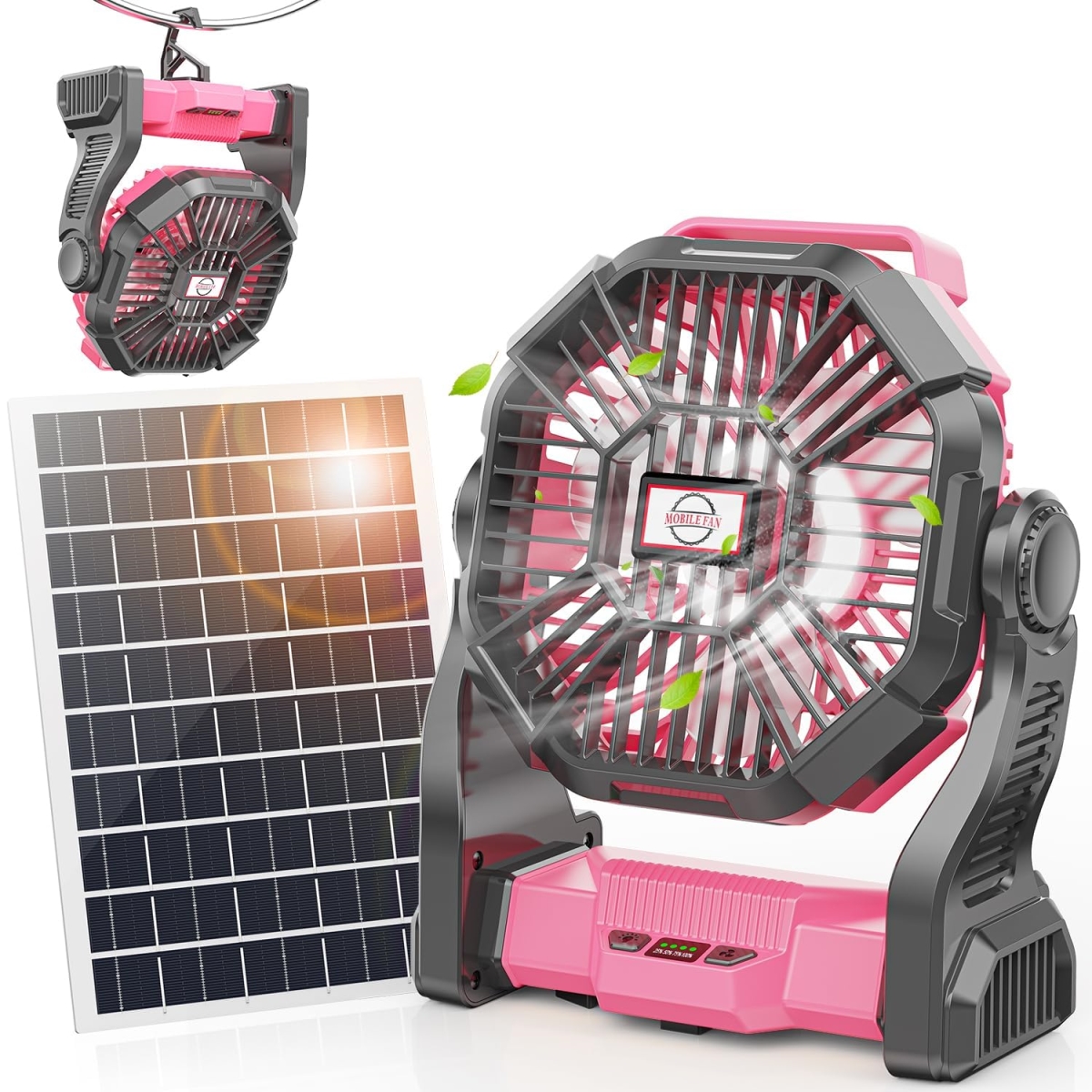 tek NT82891 10400mAh Rechargeable Battery Operated Solar Powered Camping Fan with 7W Panel & LED Lantern for Outdoor & Indoor