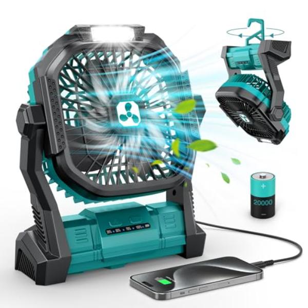 Picture of tek NT83334 20000mAh Cordless USB C Battery Powered Portable Rechargeable Camping Fan with LED Lantern for Travel
