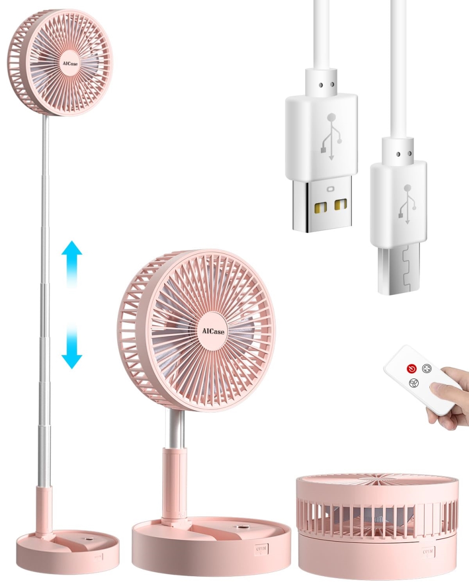 tek  AI Case Super Quiet Adjustable Height & Head Portable Telescopic Floor & USB Desk Fan with 7200mAh Rechargeable Battery, 4 Speeds - Pink