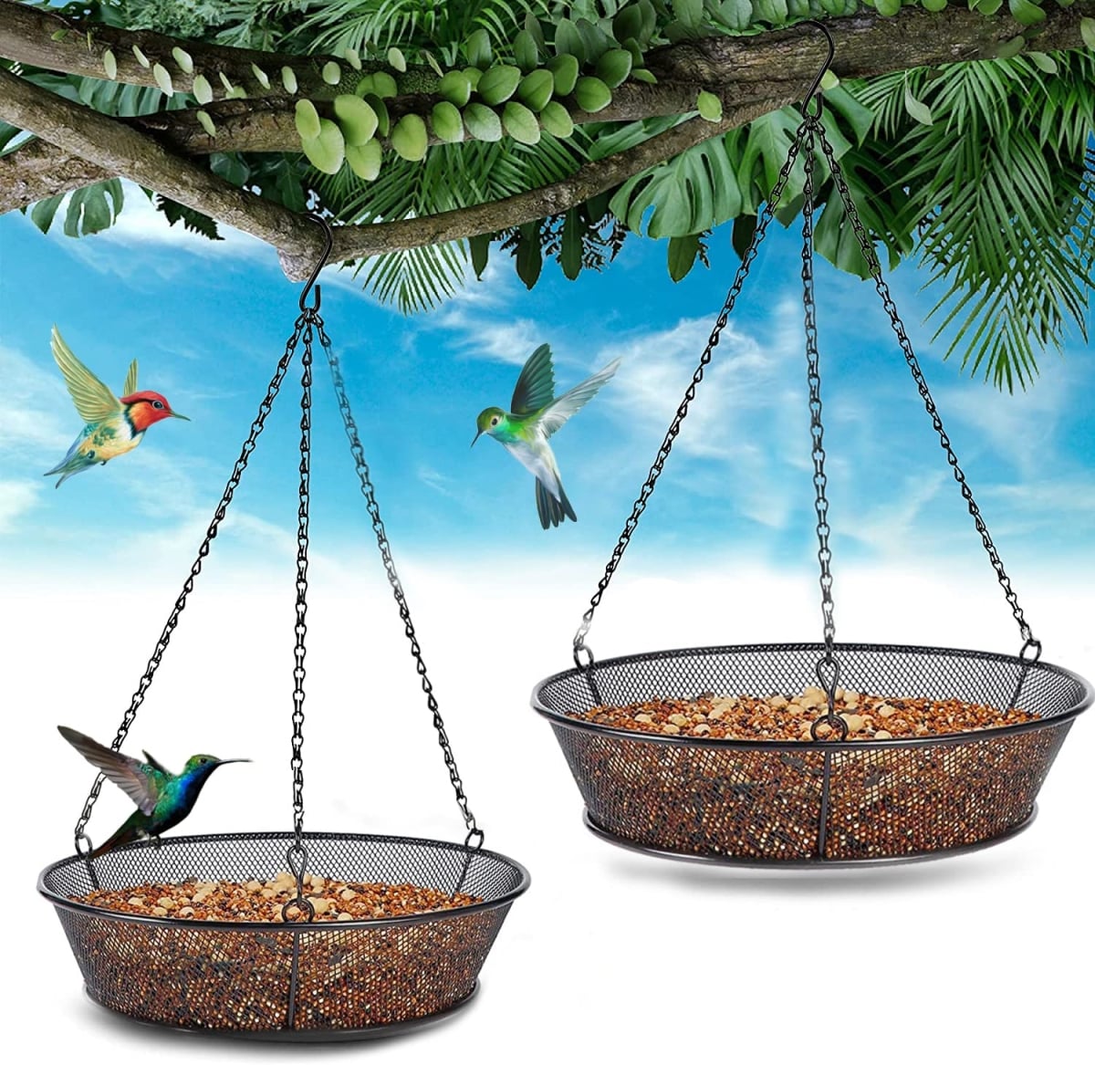 tek NT73886 FLINTER Hanging Bird Feeder for Garden Yard Outside - Metal Mesh Platform Tray for Attracting Birds - Pack of 2