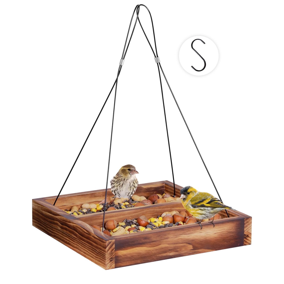 tek NT74037 MIXXIDEA Wooden Platform Bird Feeder Hanging Seed Tray for Attracting Wild Birds - Brown