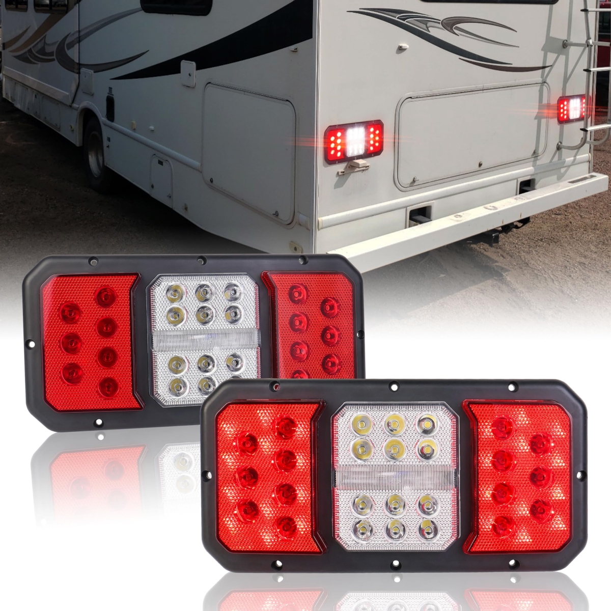 tek NT74454 Triple Waterproof Vertical & Horizontal Surface Mount LED RV Camper Trailer Tail Lights with Stop Turn Signals, Red & White - 2 Piece
