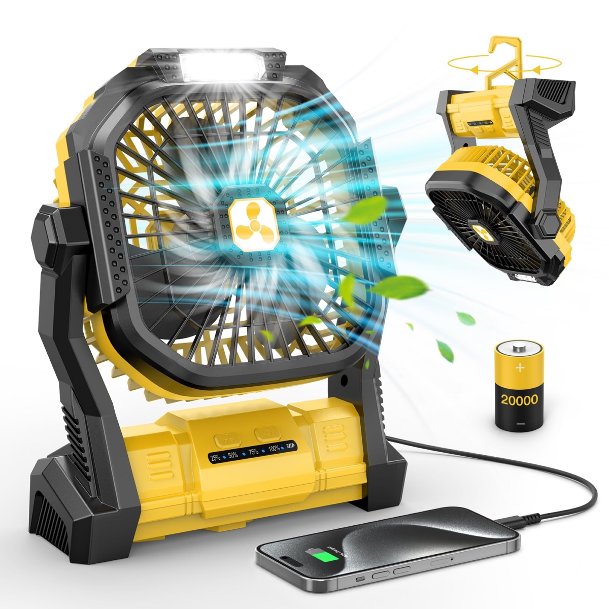 tek NT75014 20000mAh Cordless USB Battery Powered Portable Rechargeable Camping Fan with LED Lantern for Travel