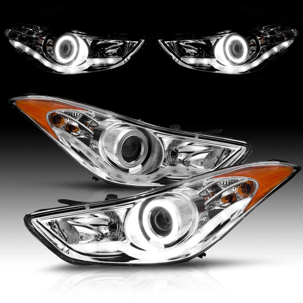 tek NT75141 UNO1RC AmeriLite for 2011-2013 Hyundai Elantra Sedan Coupe Xtreme LED Halo Projector Black Headlights Set - Passenger & Driver Side