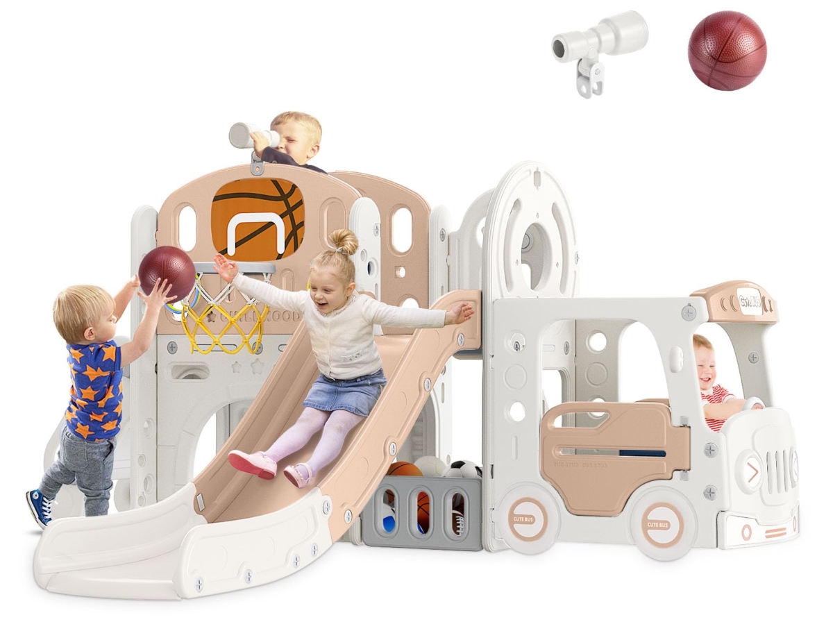 Picture of tek NT75240 BIERUM 10-in-1 Baby Slide with Ring Toss&#44; Basketball Hoop & Bus Play House&#44; Indoor Outdoor Slide Playground Playset for Toddlers Age 1 Plus&#44; Beige & Coffee