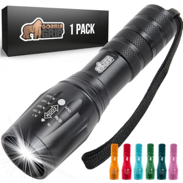 tek NT75361 750 ft. Gorilla Grip Powerful LED High Lumens 5 Adjustable Modes Water Resistant Ultra Bright Zoom Tactical Flashlight, Black