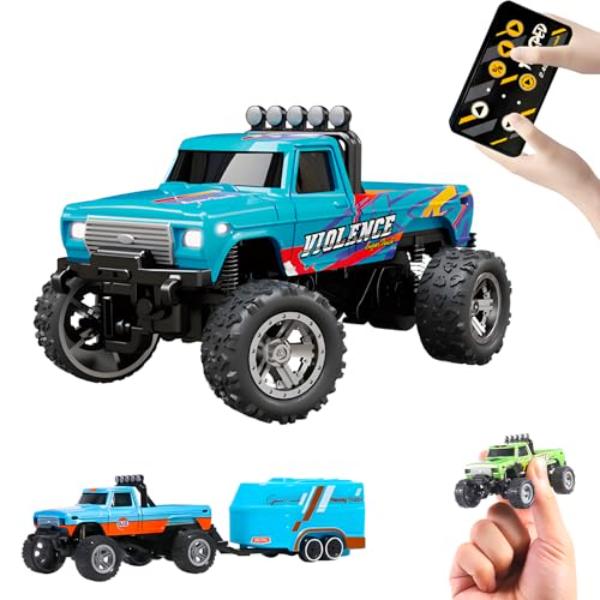 tek NT75868 1-64 Scale 2.4GHz Mini Alloy Monster Remote Control RC Truck with Lights, Speed & Steering Adjustable, Blue-B