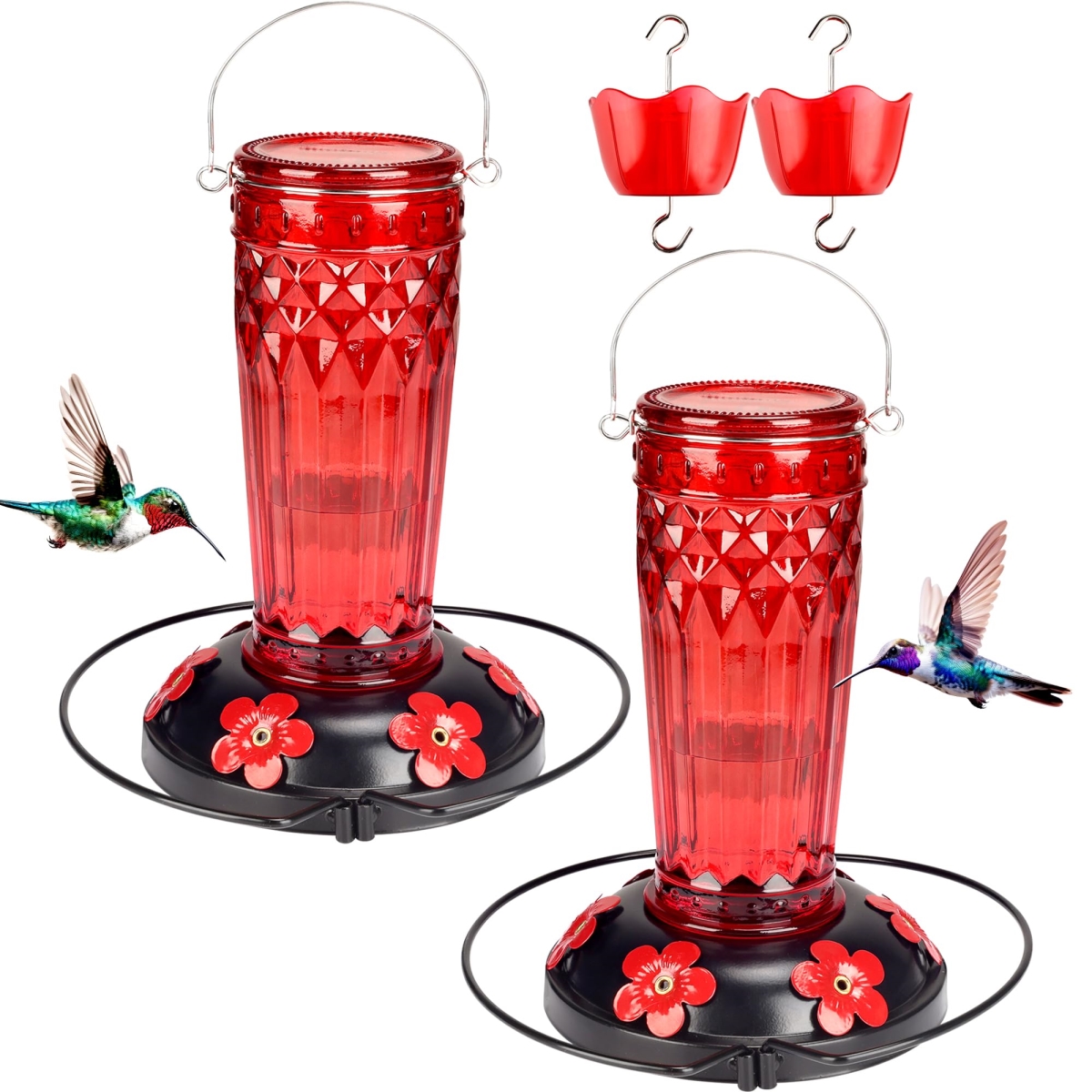 tek NT76165 16 oz Glass Hummingbird Hanging Feeder with 6 Feeding Ports & Ant Moat - Wide Mouth for Easy Filling & Cleaning, Red - Pack of 2