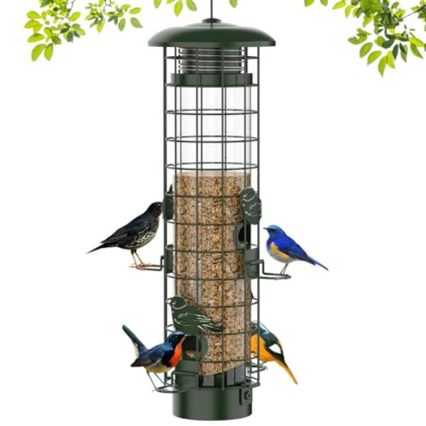 tek  3 lbs Large Capacity Metal Mesh Gravity Protection Squirrel Proof Wild Bird Feeders with Finch Cardinal Chickadee for Outdoor Hanging, Green