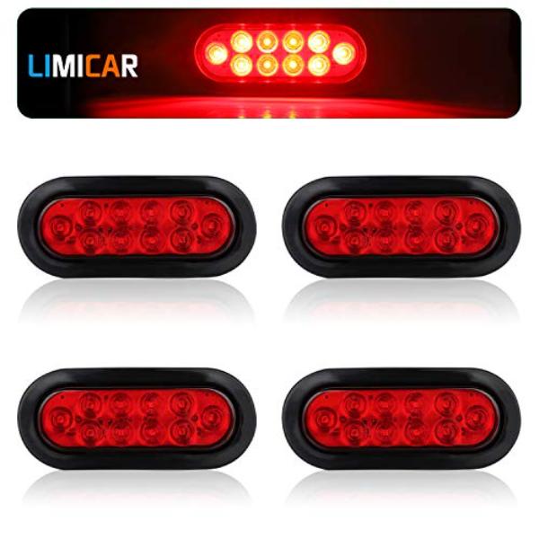 tek NT76454 6 in. Limicar 10 LED Flatbed Stop Turn Oval Trailer Lights with Rubber Grommet for 12V Trucks, Trailer, RV, UTV - Red