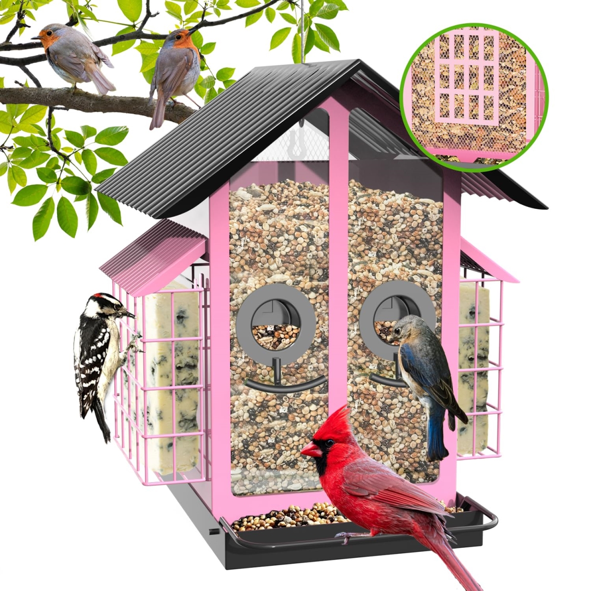 tek NT76692 Metal Bird Feeder with Double Suet Cage Weatherproof Roof for Outdoor, Pink