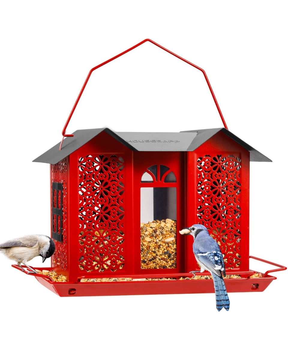 tek NT76693 Outdoor Weatherproof Metal Mesh Wild Bird Feeder with Triple Feeders for Finch Cardinal Chickadee, Red