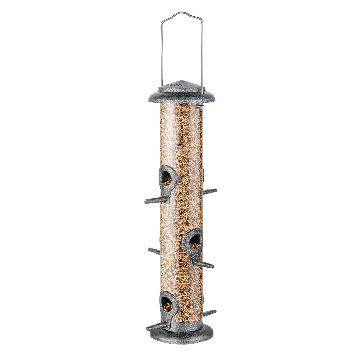 tek NT76758 14 in. 6 Port iBorn Metal Hanging Wild Bird Seed Feeder for Mix Seed Blends Heavy Duty All Metal Silver Finish