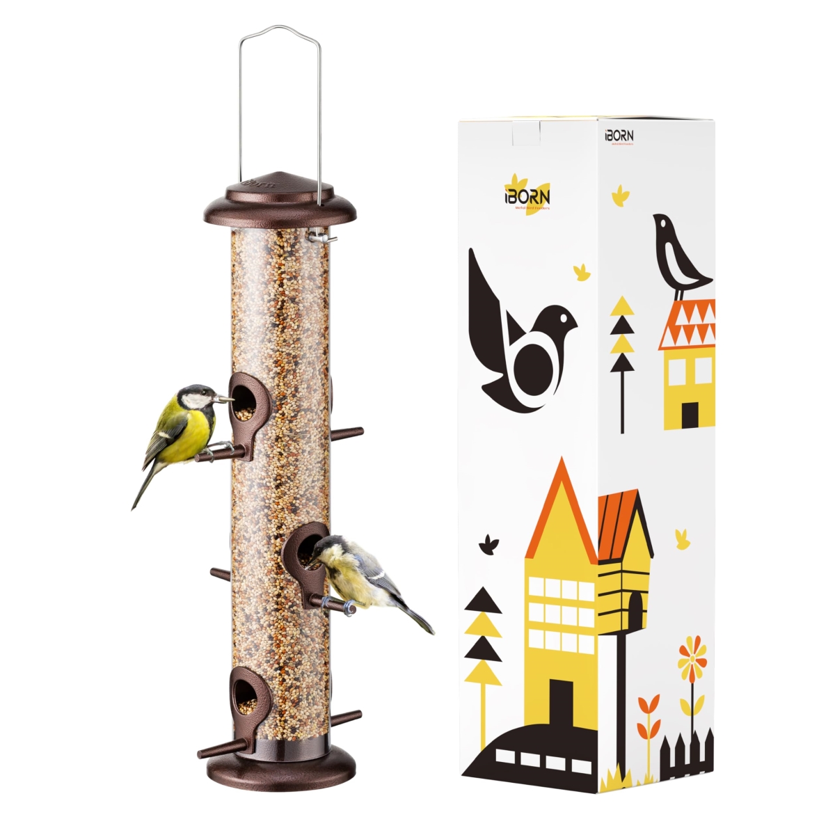 tek NT76763 14 in. 6 Port iBorn Metal Hanging Wild Bird Seed Feeder for Mix Seed Blends Heavy Duty All Metal Coffee Finish