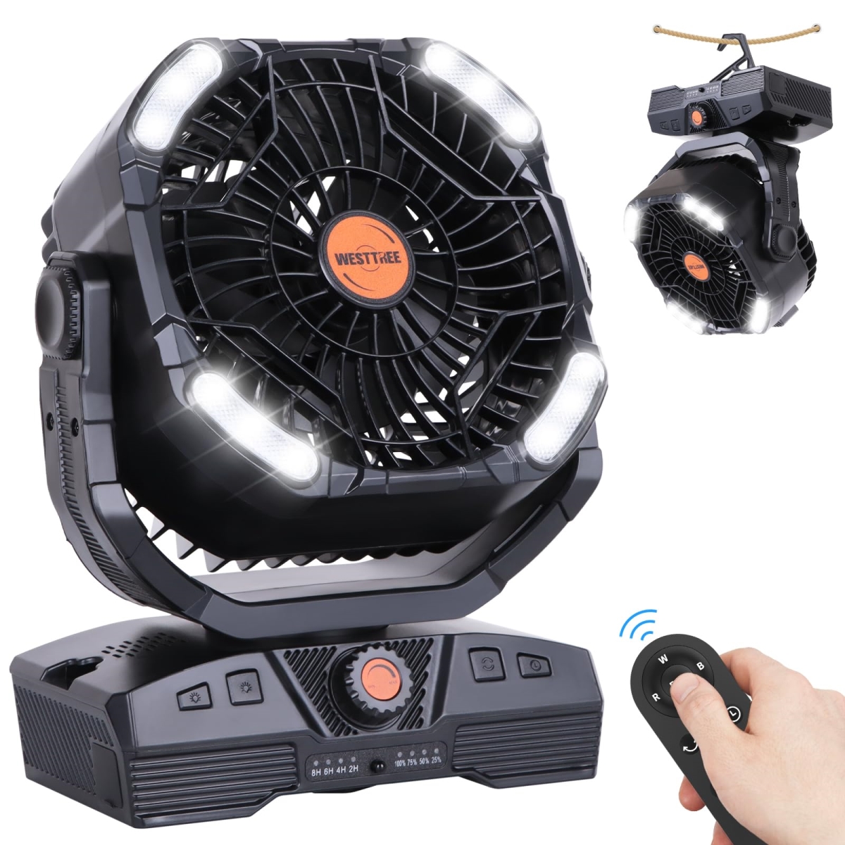 tek NT78769 20000mAh Rechargeable Battery Operated Camping Fan with Light & Hook, 270 deg Pivot, Knob Speeds, Black X68