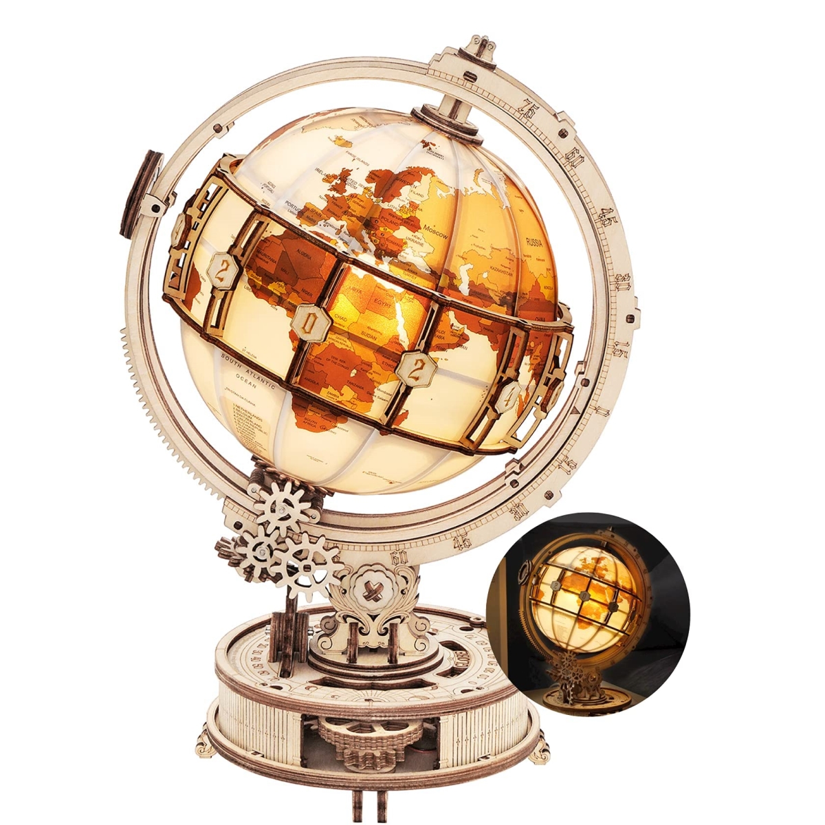 tek NT78928 ROKR 3D Wooden Puzzles Illuminated Globe with Stand Built-in LED Model Kit Hobby Home Decor Gifts for Teens & Adults - 180 Piece