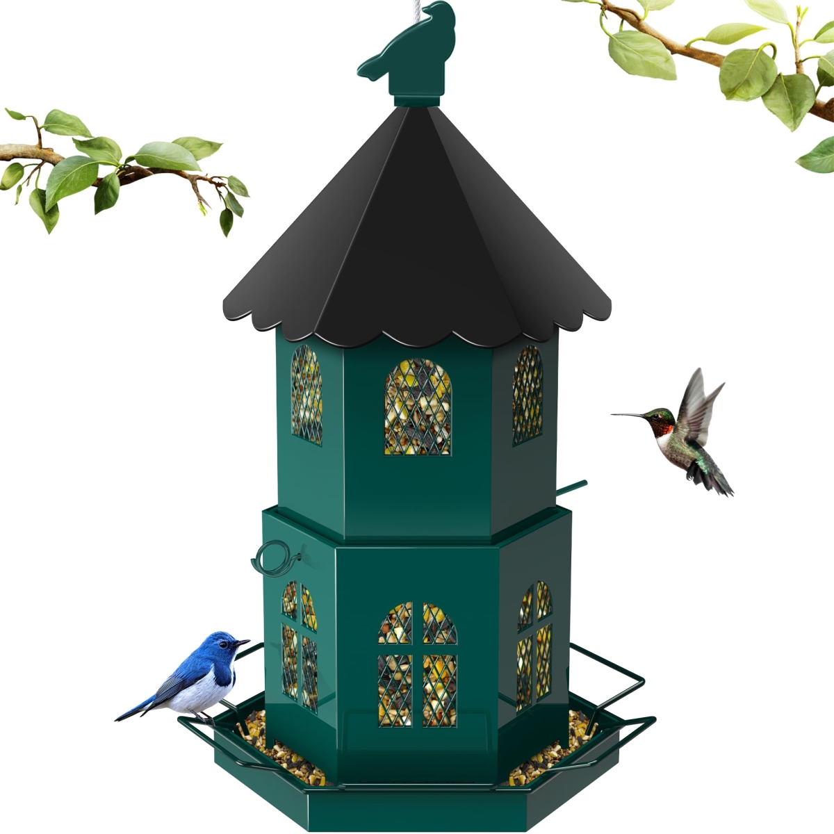 tek  Squirrel Proof Large Capacity Metal Outside Hanging Bird Feeder for Cardinals, Finch, Blue Jay, Sparrows & Wild Birds, Dark Green
