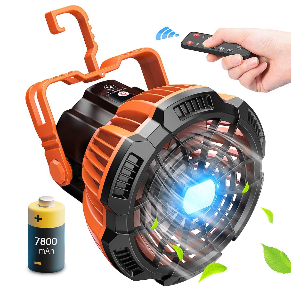 tek NT79274 Camping Fan with LED Lantern - Portable Rechargeable Battery Powered with Remote Control, 25H Working Time & 180 deg Head Rotation