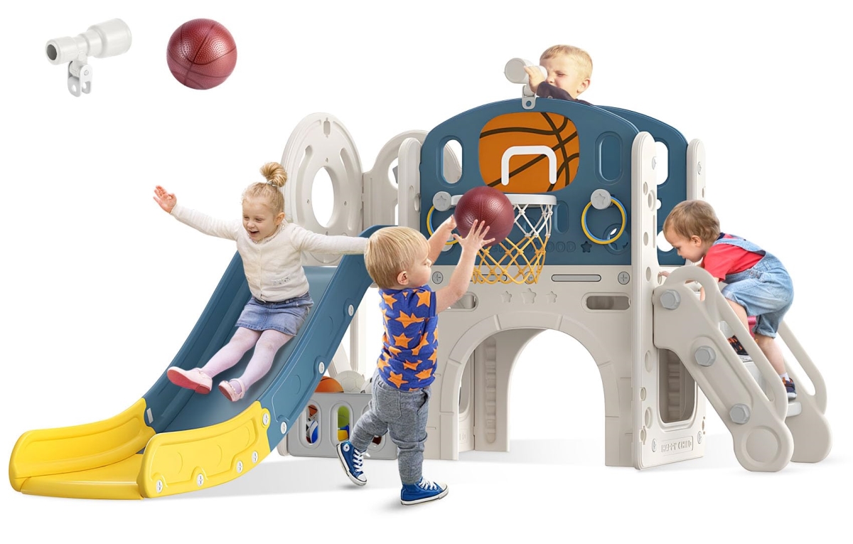 Picture of tek NT80272 BIERUM 9-in-1 Kid Slide with Ring Toss&#44; Basketball Hoop&#44; & Telescope&#44; Indoor Outdoor Playground Playset for Toddlers Age 1-3&#44; Blue & Yellow