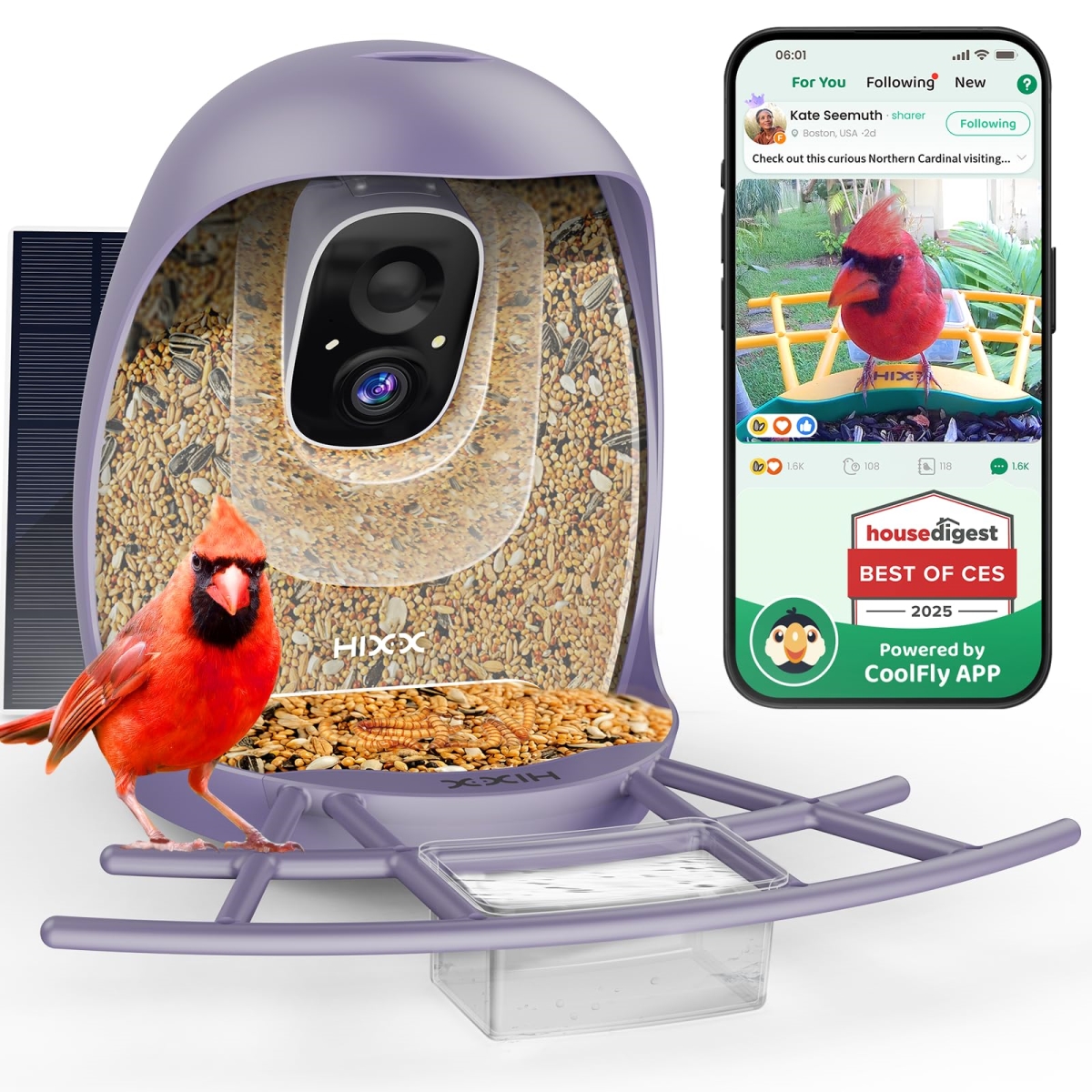 tek NT80570 Hixx Solar-Charged AI Recognition Bird Feeder with Camera for Enthusiasts, Purple
