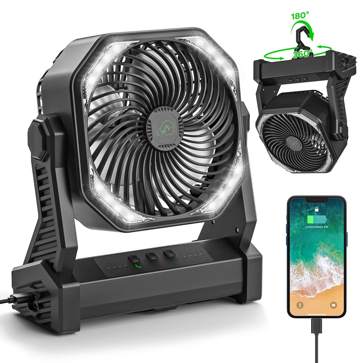 tek NT80676 20000mAh 58 Hours Portable Battery Operated Rechargeable Camping Fan with LED Lantern & Hanging Hook for Travel, Black