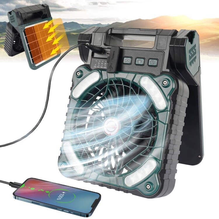 tek NT80970 10400mAh Portable Solar Powered Rechargeable Battery Operated Camping Fan with LED Light & Solar Panel
