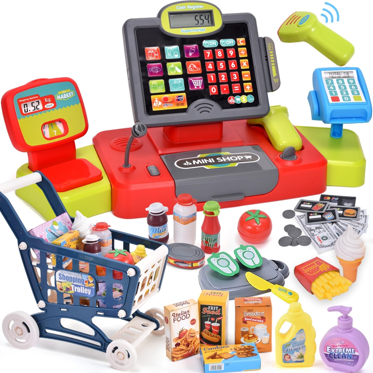 Picture of tek NT81303 G.C Kids Cash Register Toy with Real Calculator&#44; Sound Scanner&#44; Shopping Cart&#44; Play Money & Food&#44; Learning Grocery Store Playset for Gift for Kids Ages 3-8