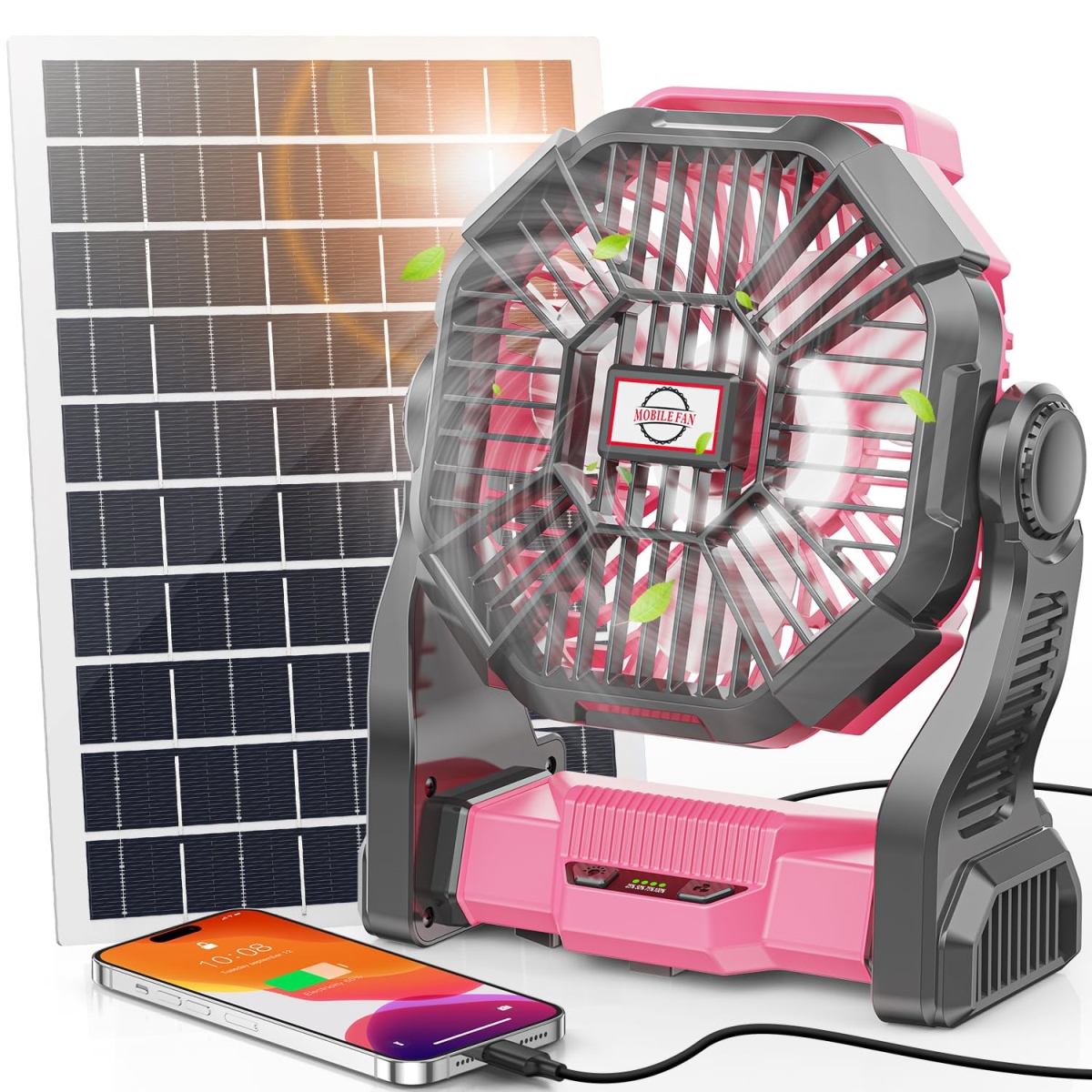 tek NT81793 9 in. 10400mAh 10W Solar Panel Rechargeable & Portable Battery Powered Camping Fan with LED Lantern for Fishing & Travel