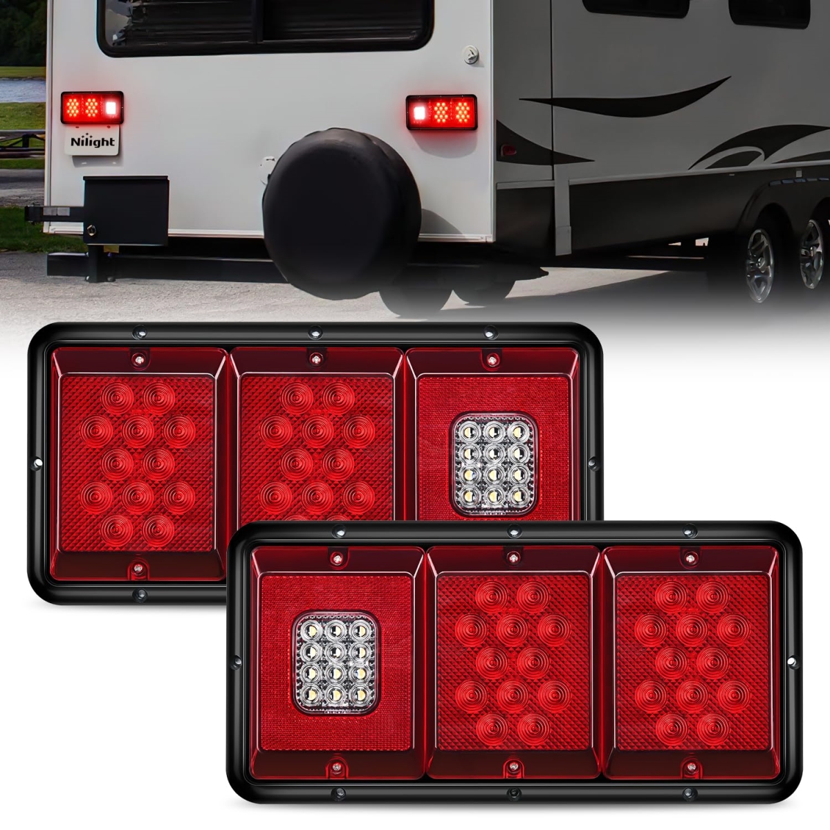 tek  Nilight LED Triple Rectangle Surface Mount Waterproof Stop Brake & Reverse Back Up Turn Signals Tail Lights for Camper, Red & White - 2 Piece