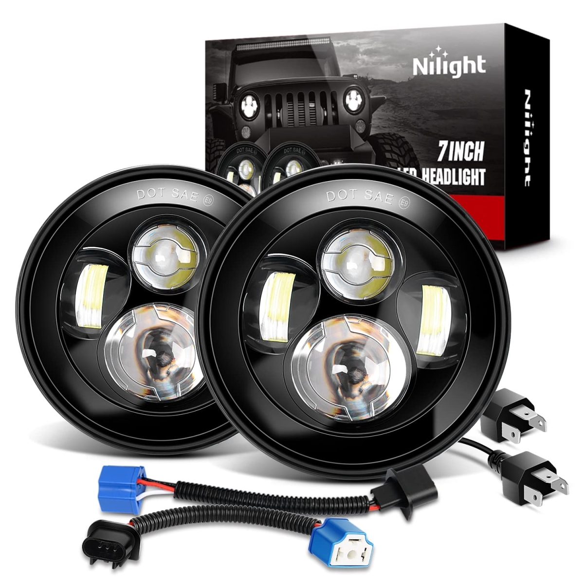 tek NT82198 UNO1RC Nilight 2 Piece 7 in. Round Cree Headlight High Low Beam for Wrangler JK TJ CJ 1997-2017 Rubicon Sahara Hummer H1 H2 Motorbikes