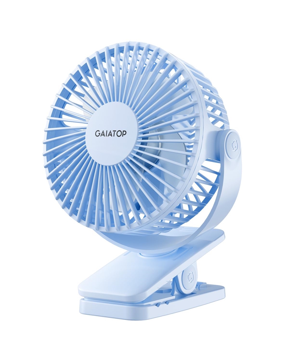 tek  Gaiatop Portable Clip On Battery Operated Small Powerful 3 Speed Quiet 360 deg Rotate USB Rechargeable Mini Personal Camping Fan, Light Blue