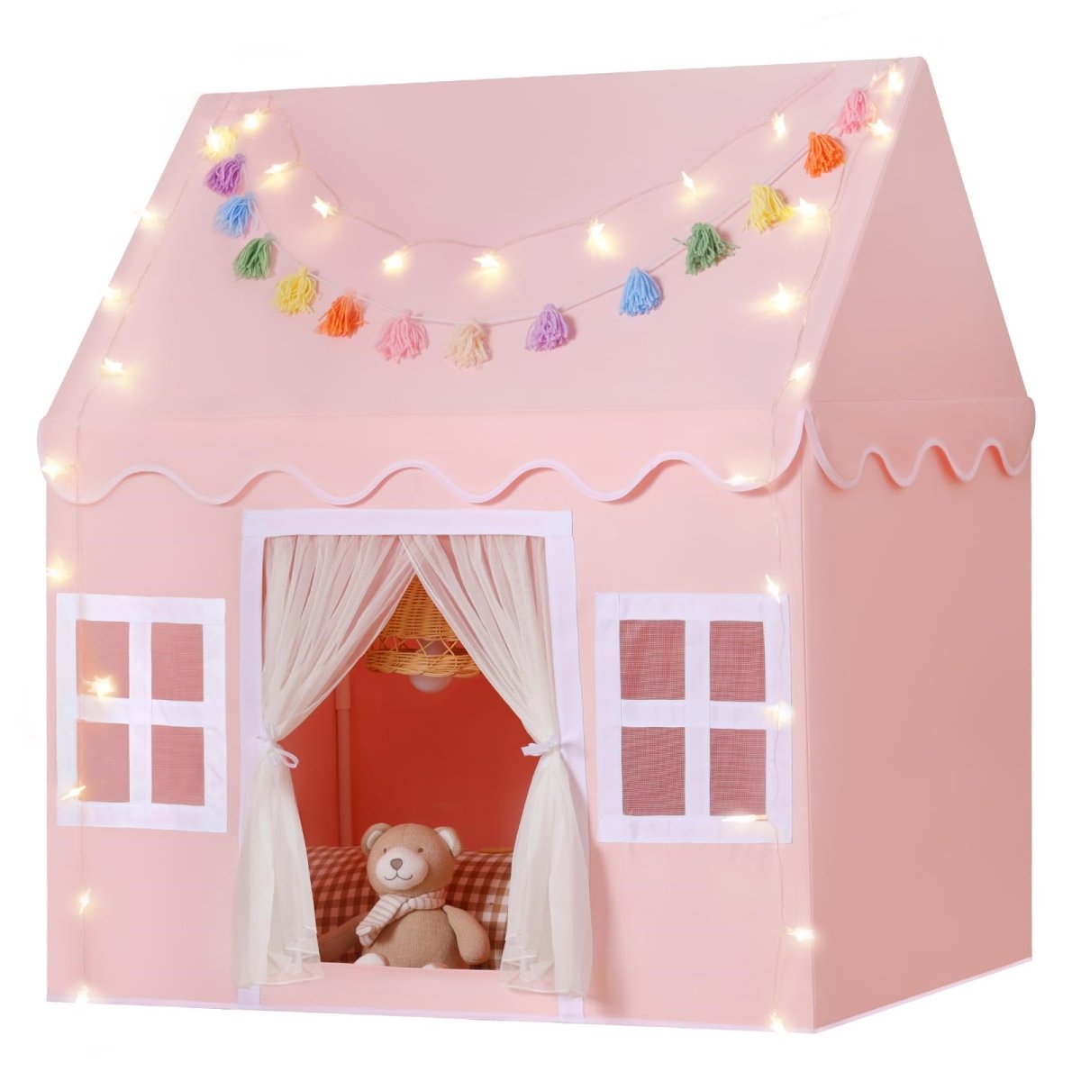 Picture of tek NT82430 Kids Play Tent Playhouse Indoor with Mat&#44; Tassel Garland&#44; Star Lights&#44; Birthday Gift Toys for Toddlers&#44; Kids&#44; Boys & Girls&#44; Pink