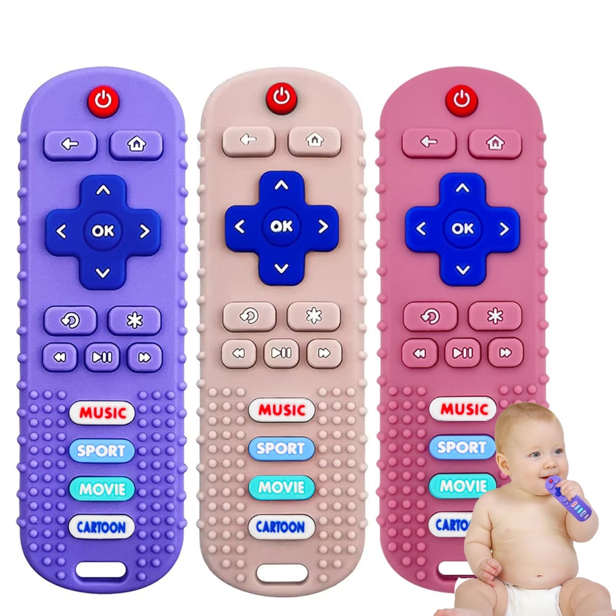 tek  UNO1RC Baby Teether Toys - TV Remote Control Shape Silicone Toddler Teething Toys for Babies 6-12 Months - Pink, Khaki & Purple - Pack of 3