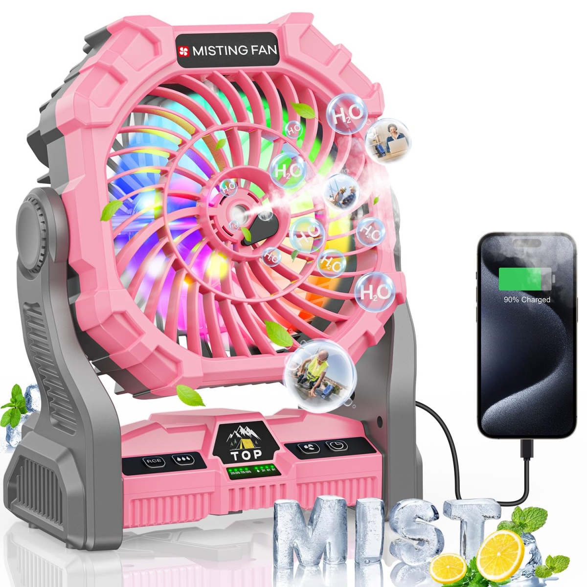 Picture of tek NT82834 12000mAh Rechargeable & Portable Camping Misting Fan with RGB Lantern & Emergency Battery Power Bank Hurricane Supplies