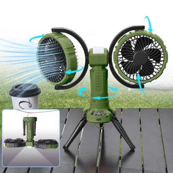 tek NT82994 Oscillating 10000mAh Battery Powered Outdoor Camping Fan with Light & Hanging Hook - Green