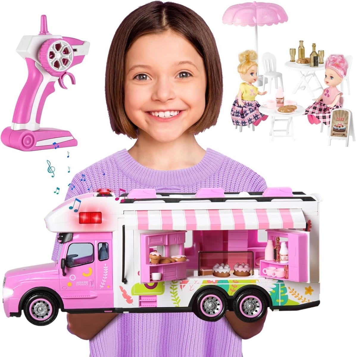 tek NT83102 Carox Remote Control Food Truck Toy Playset with Food Set, Dolls & Tableware Set for 4-9 Years Old Girls - Rose Red