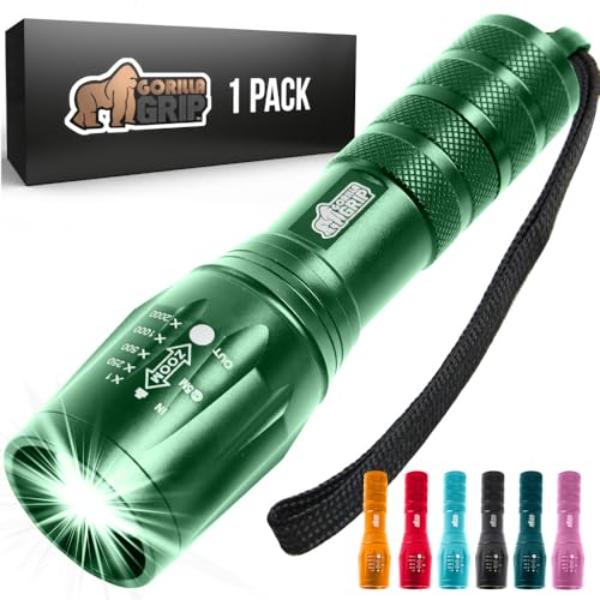 tek NT83108 750 ft. Gorilla Grip Powerful LED High Lumens 5 Adjustable Modes Water Resistant Ultra Bright Zoom Tactical Flashlight, Green