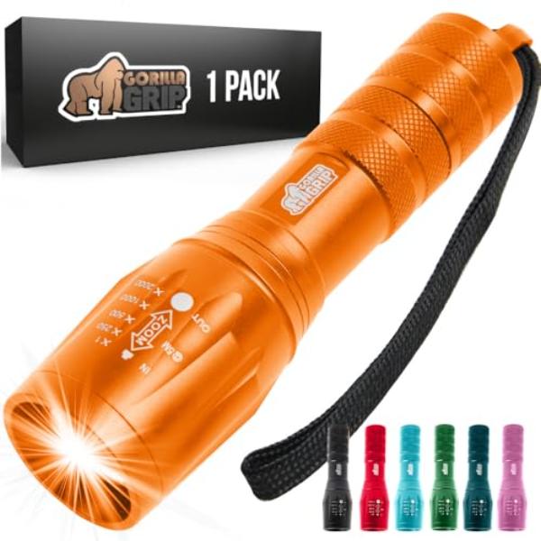 tek NT83127 750 ft. Gorilla Grip Powerful LED High Lumens 5 Adjustable Modes Water Resistant Ultra Bright Zoom Tactical Flashlight, Orange