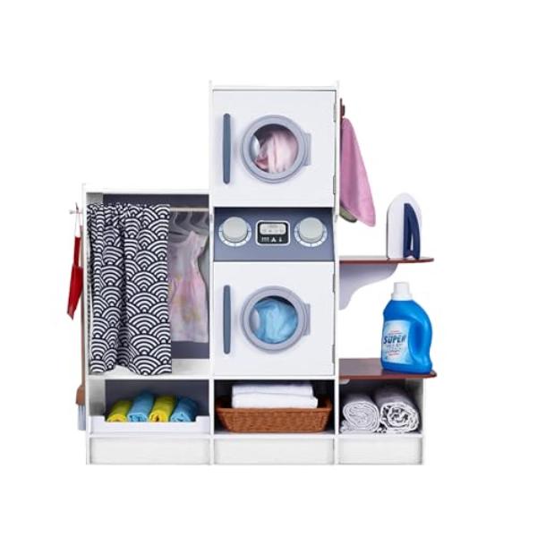Picture of tek NT83305 Lil Jumbl Wooden Realistic Laundry Room Washer & Dryer Playset with Broom&#44; Dustpan&#44; Iron&#44; Hangers & Basket for Kids - White