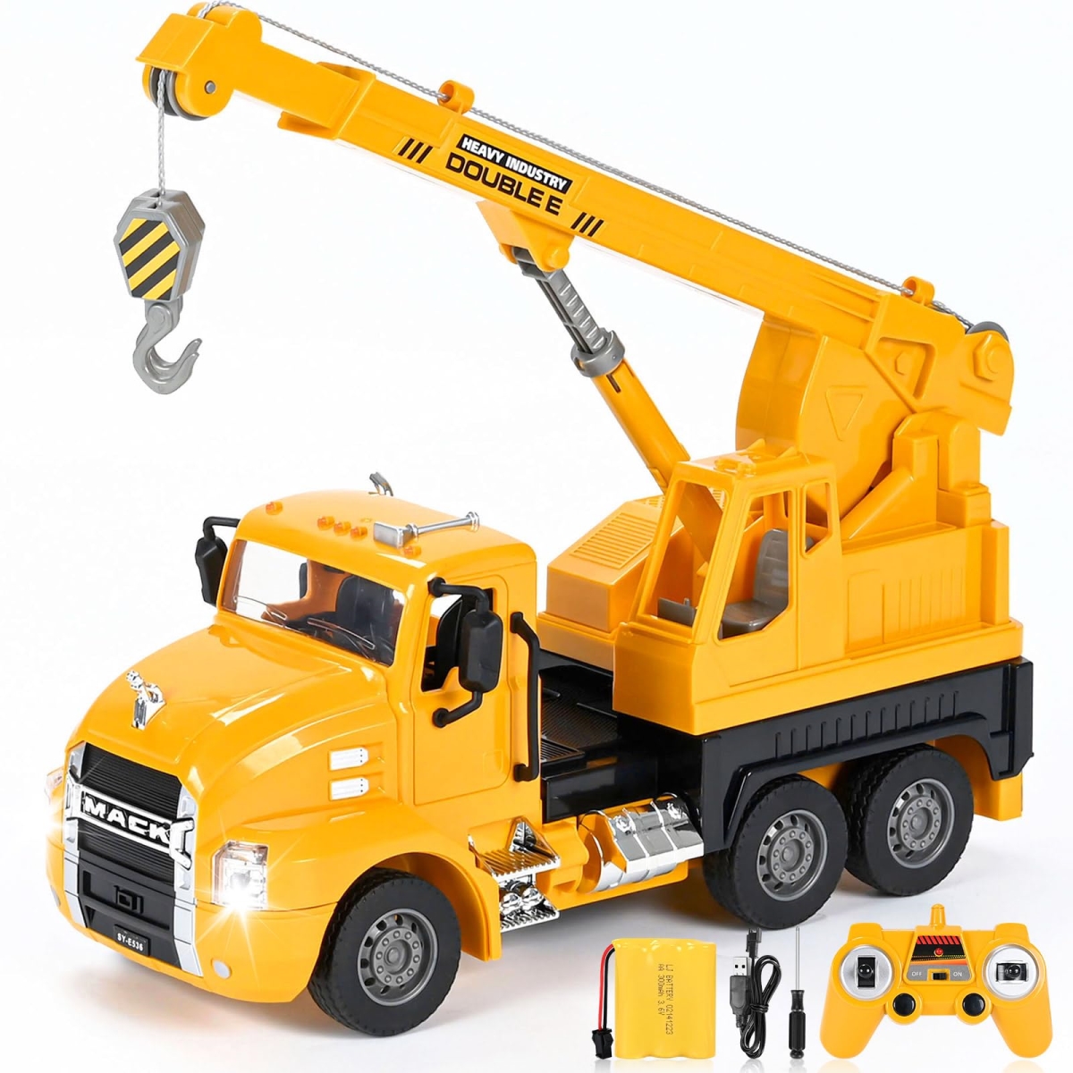 tek NT73779 Double E Mack Licensed Remote Control RC Crane Construction Vehicle Toy with Lights for Boys