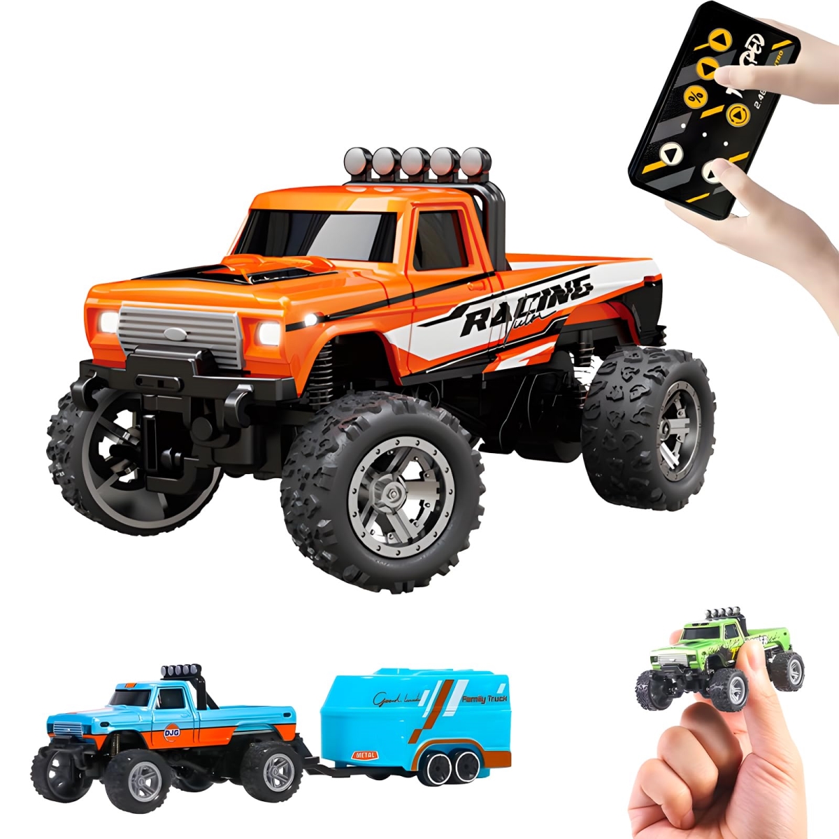 tek NT73784 1-64 Scale 2.4GHz Mini Alloy Monster Remote Control RC Truck with Lights, Trailer, Speed & Steering Adjustable, Orange
