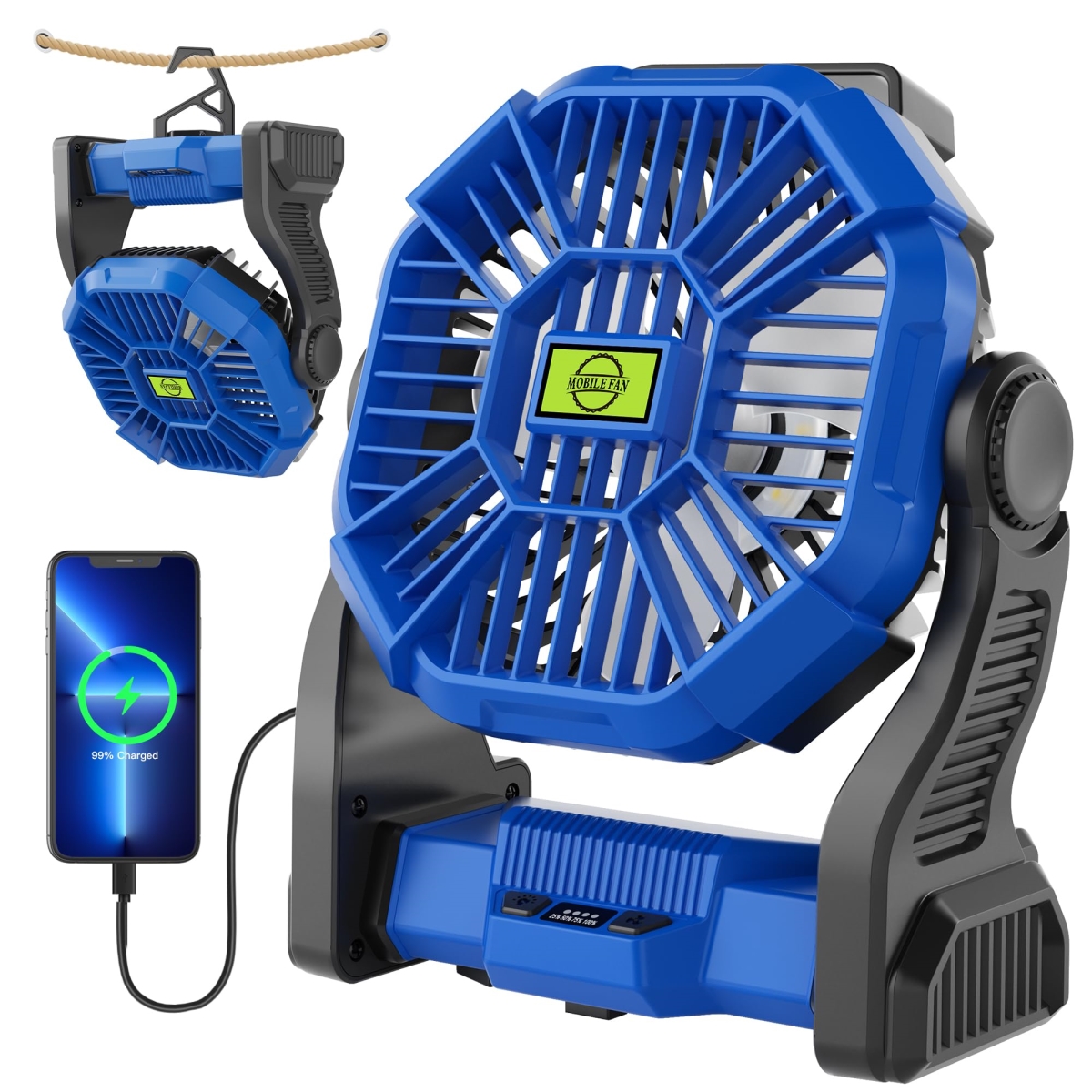 tek NT73862 270 deg Rotating Portable & Rechargeable Cordless Battery Powered Camping Fan for Tents - Blue