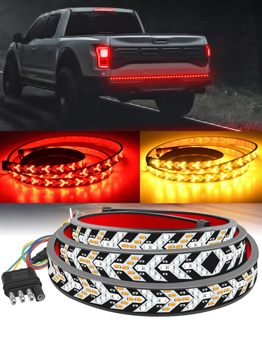 tek NT74027 60 in. TOPKU LED Pickup Truck Tail Light Strip - Flexible Flowing DRL Strip Bar with Red Brake Amber Turning Signals Strobe Lights