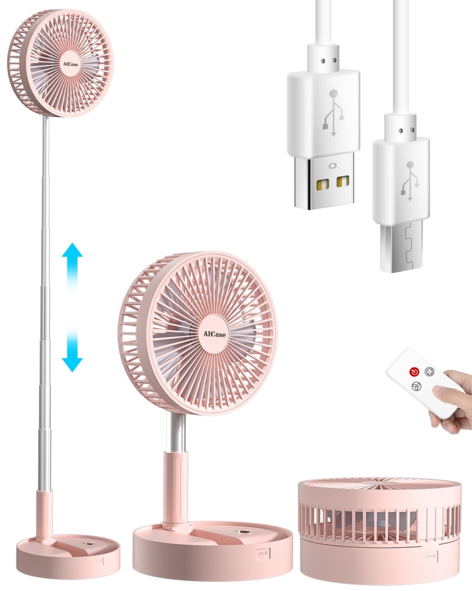 tek  AI Case Super Quiet Adjustable Height & Head Portable Telescopic Floor & USB Desk Fan with 10800mAh Rechargeable Battery, 4 Speeds - Pink
