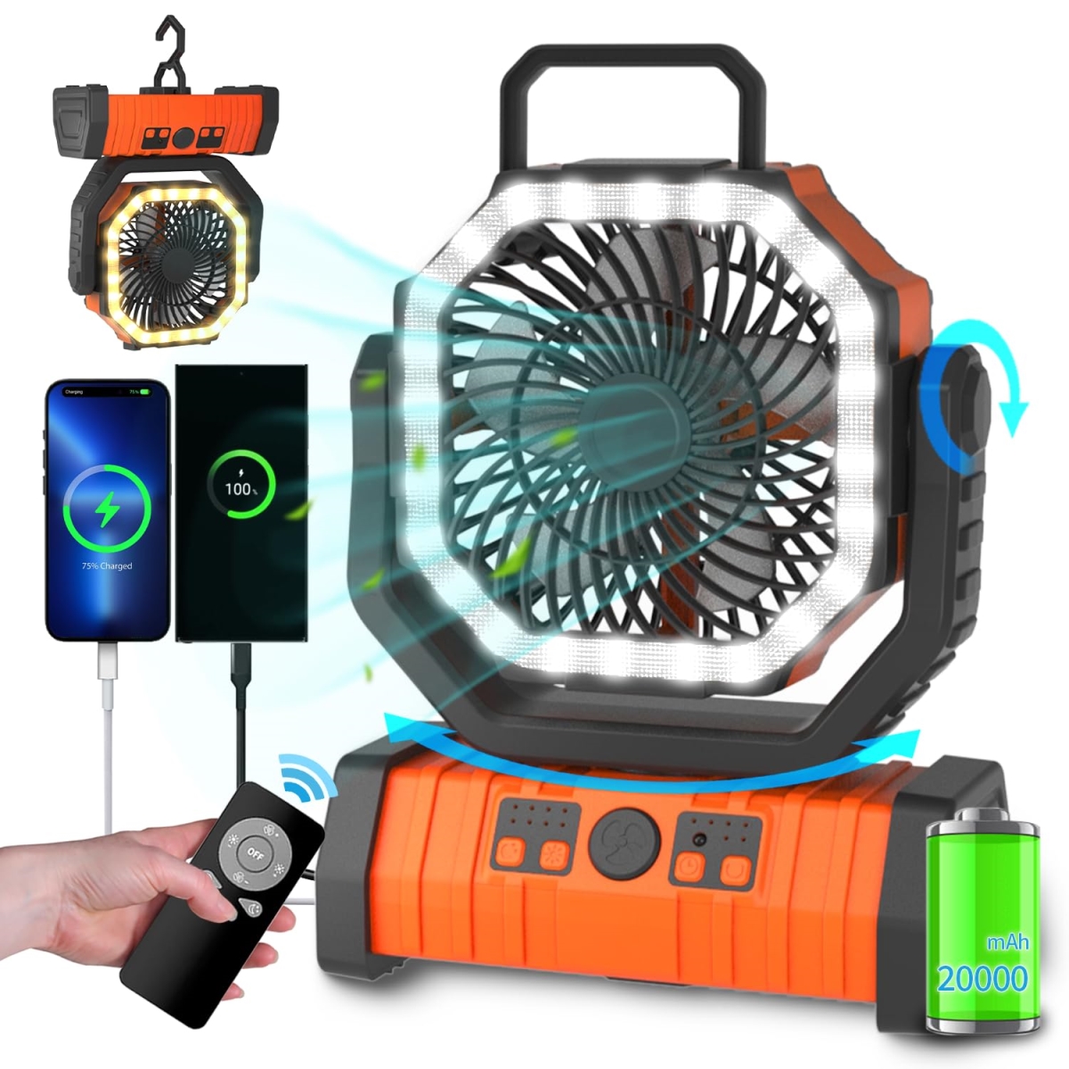 tek  ADUST 20000mAh Rechargeable Portable Oscillating Battery Operated Camping Fan with LED Lantern Light, 360 deg Rotation Hanging Hook - Orange