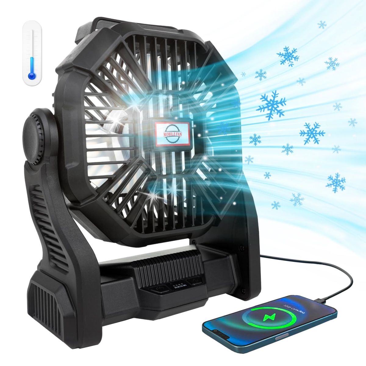 tek NT75056 Portable Rechargeable Battery Powered Quiet USB Camping Fan with LED Lantern, 270 deg Rotation, Hook, Stepless Speed - 10400HA