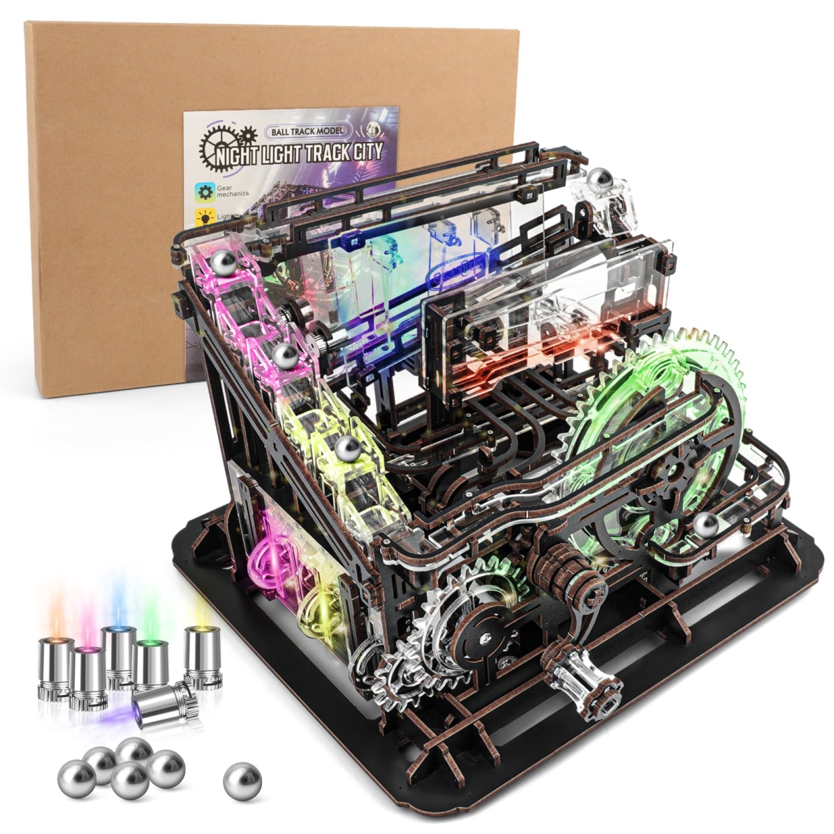 tek NT75066 3D Wooden Puzzle Mechanical Marble Run Model Building Set Kits with LED Lights, Office Desk Decor Gift for Men & Adults - 312 Piece